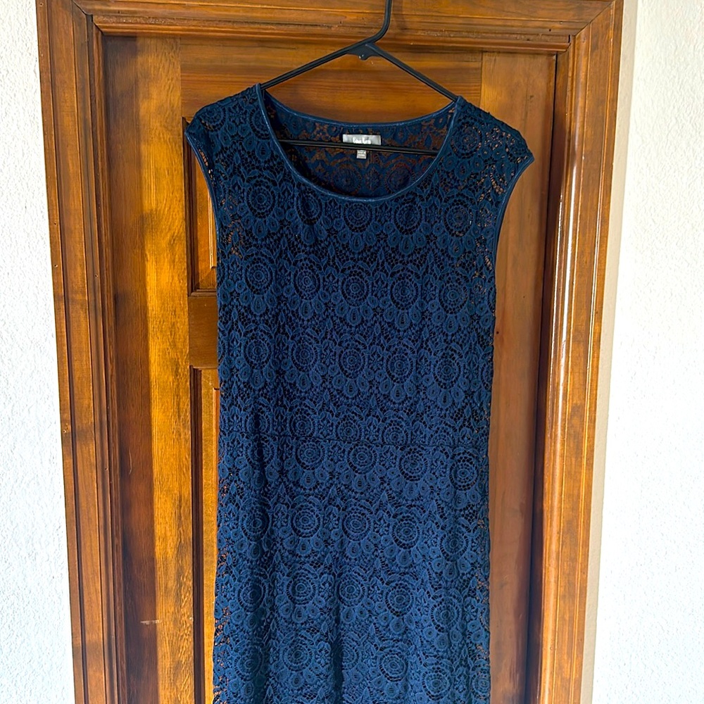 Neiman Marcus Navy Crochet Maxi Dress with Slip